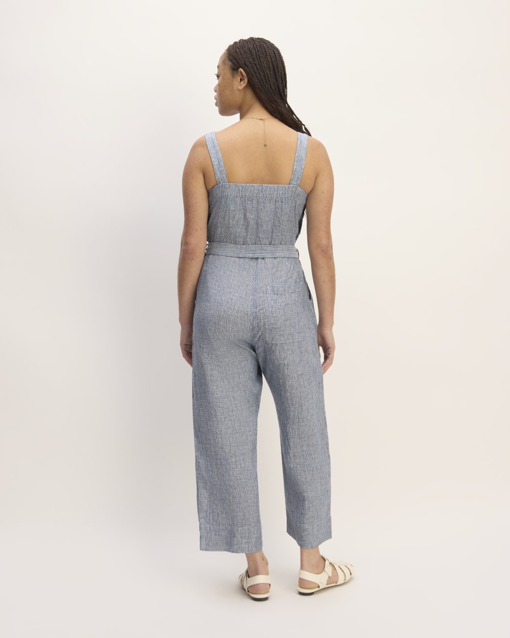 The Linen Side-Button Jumpsuit | White / Blue