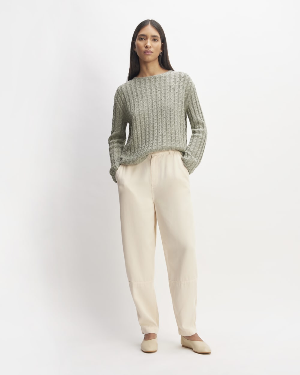 The Cotton Merino Cable Crew | Sage Green