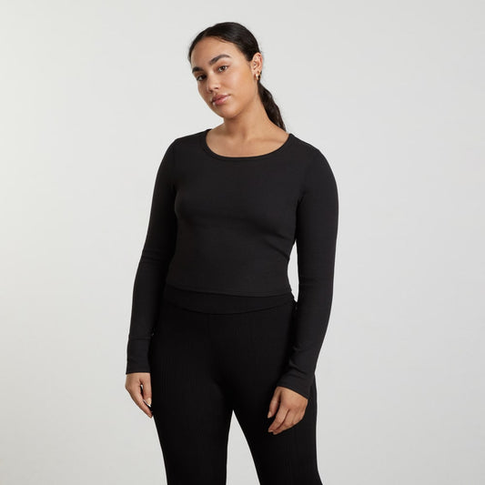 The Pima Micro-Rib Cropped Long-Sleeve Crew | Black
