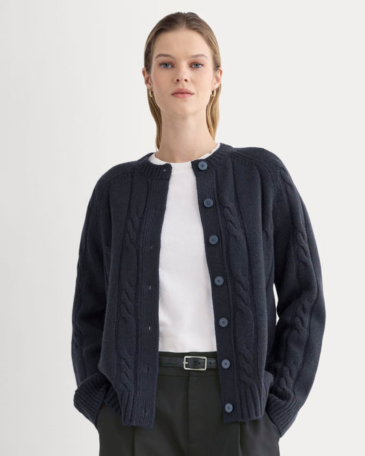 Cable Cardigan in Extrafine Luxe Merino | Navy