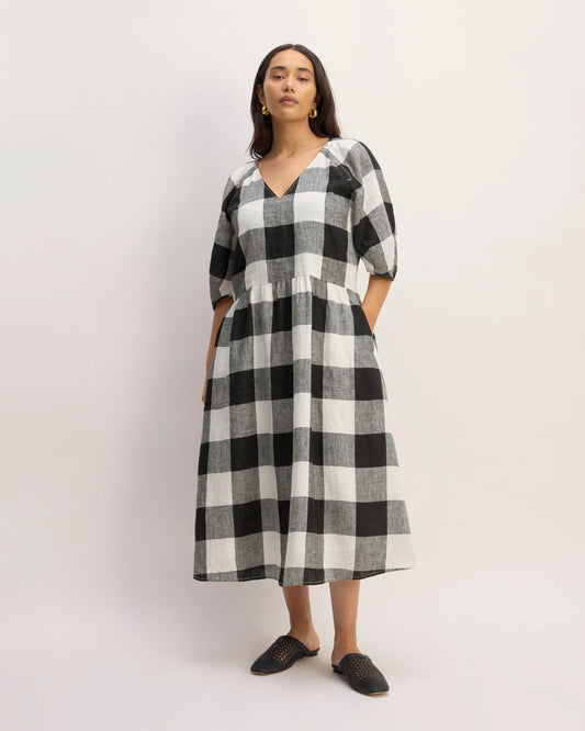 The Linen Oversized Puff-Sleeve Dress | Bone / Black Check