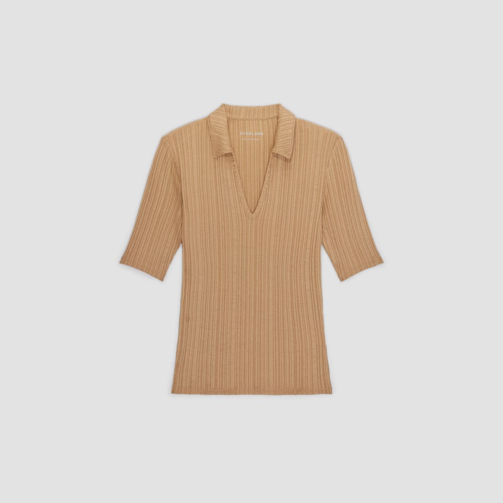 The Rib Soft Knit Open Collar Polo | Caramel