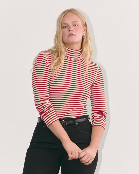 The Luxe Rib Turtleneck | Bone / Berry Red