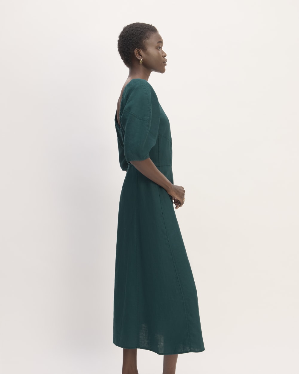 The Linen Short-Sleeve Scoop Midi Dress | Dark Sea