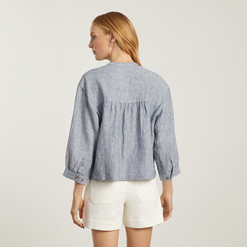 The Linen Billow Blouse | Blue Pinstripe