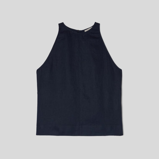 The Linen High-Neck Tank | Navy