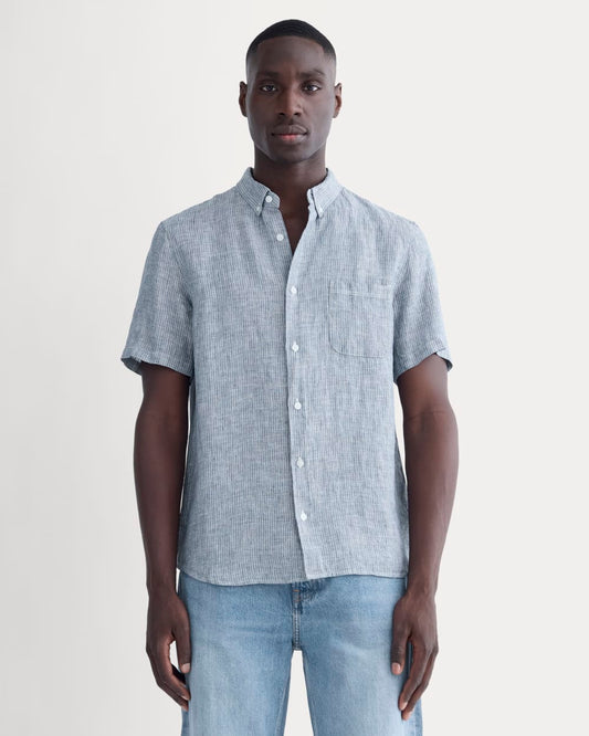 The Classic Short-Sleeve Shirt in Linen | White / Blue