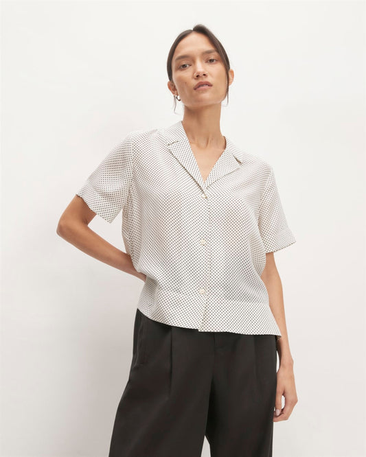 The Notch Shirt in Washable Silk | Bone / Black Polka Dot