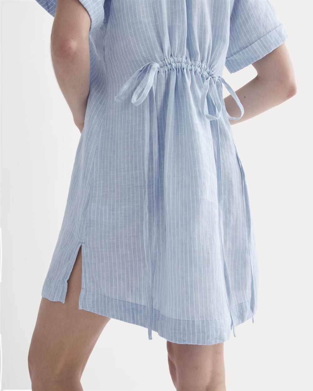 The Popover Dress in Linen | Sky Blue / White
