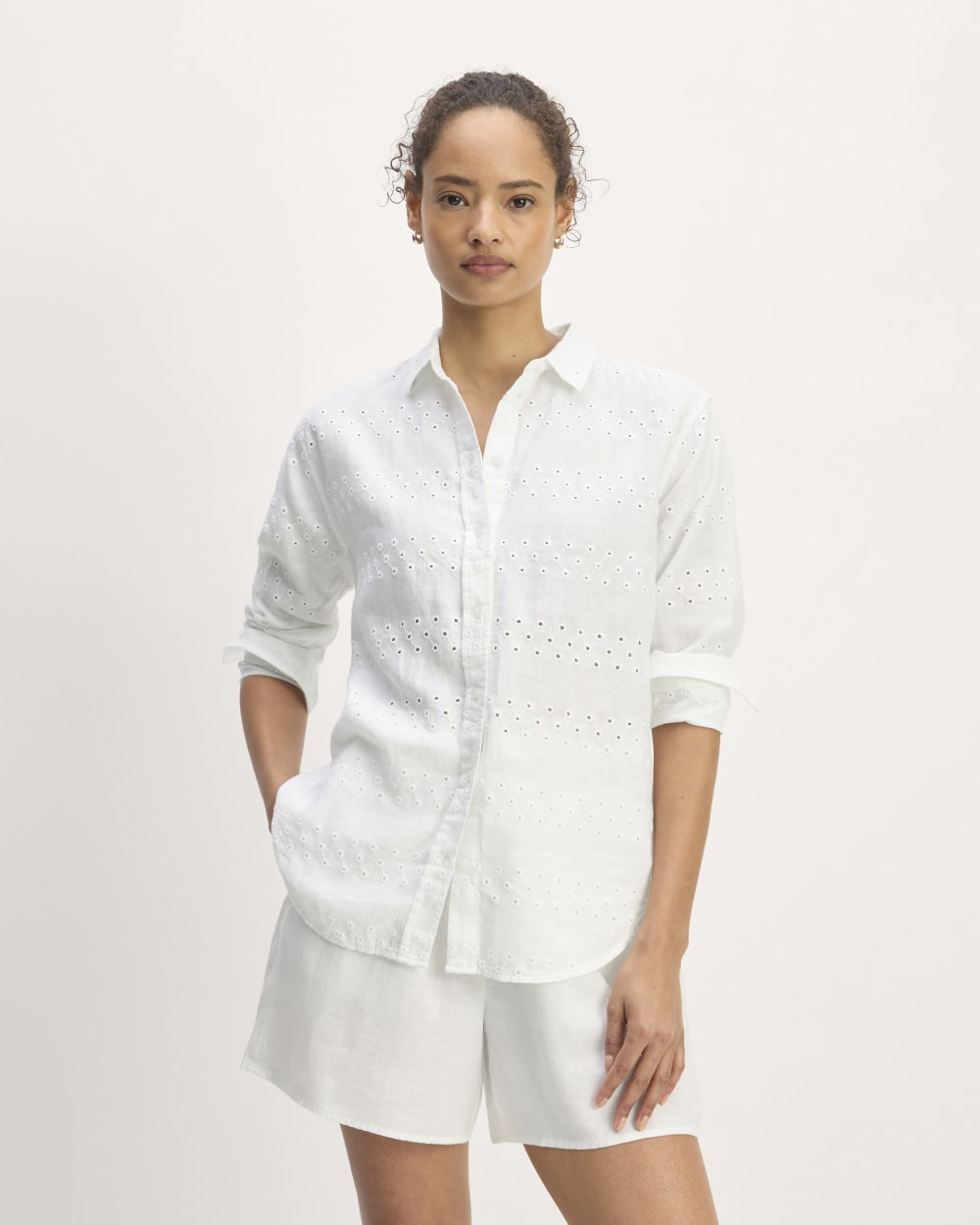 The Linen Eyelet Relaxed Shirt | White Eyelet