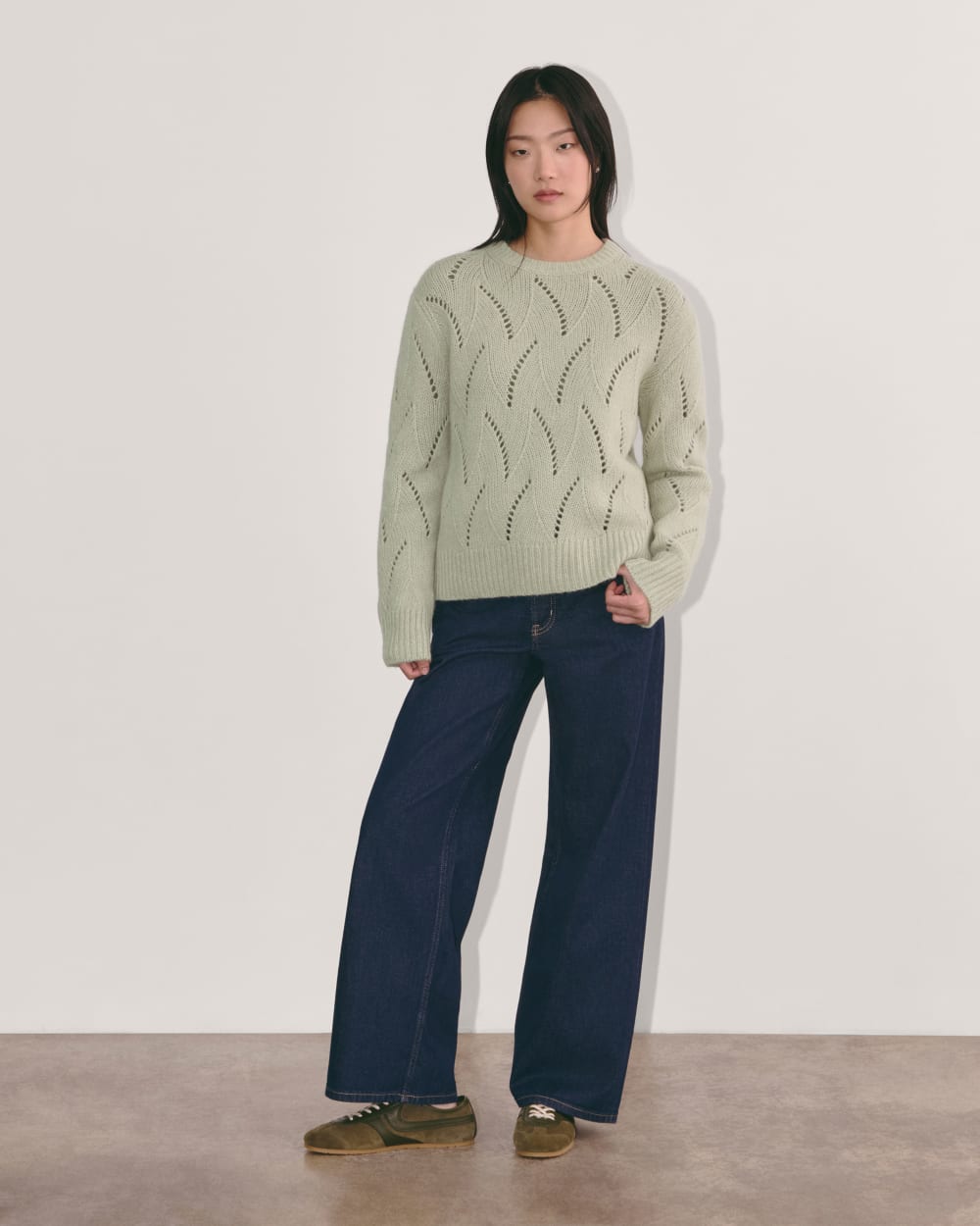 The Pointelle Sweater in Cloud | Seagrass