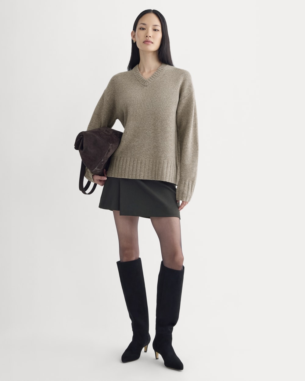 V-Neck Sweater in Extrafine Luxe Merino | Heather Soft Taupe