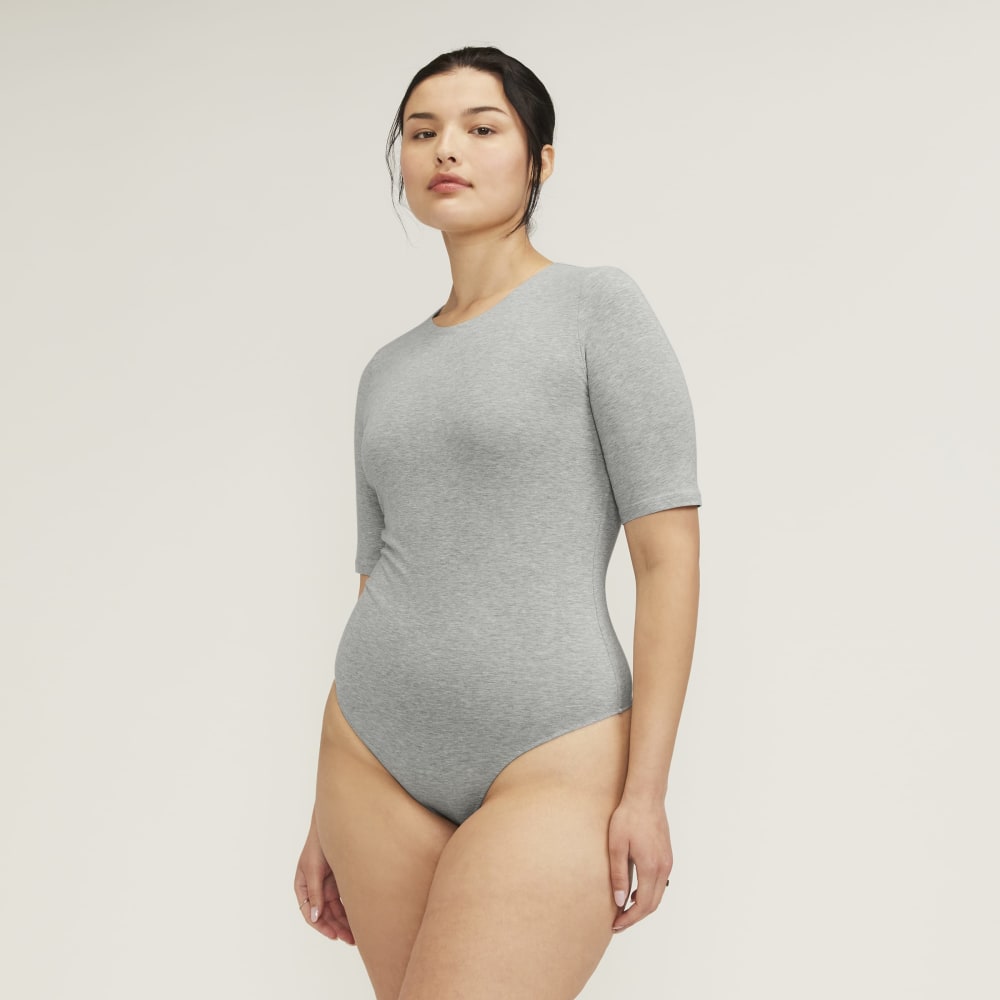The Short-Sleeve Crew Neck Bodysuit | Heathered Grey | Thong