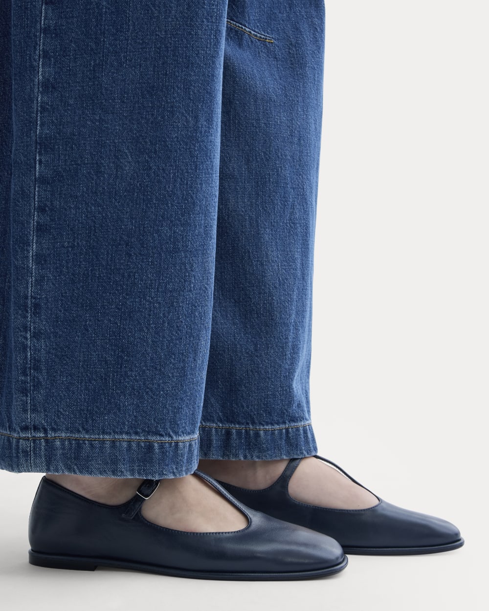 The Leather T-Strap Flat | Navy