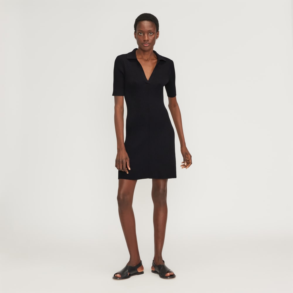 The Ribbed Short-Sleeve Polo Dress | Black