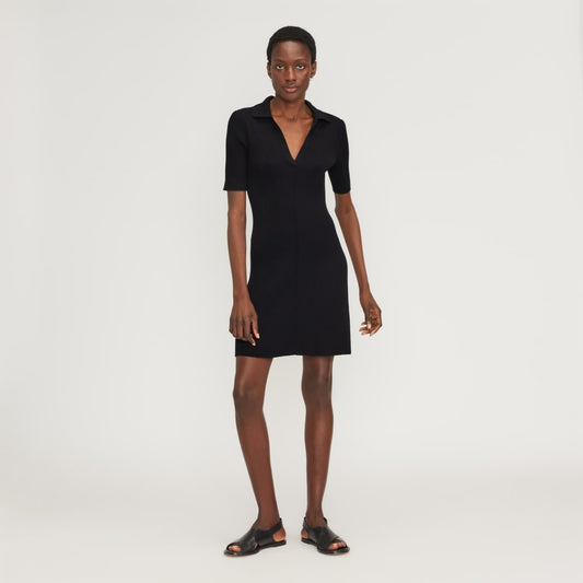 The Ribbed Short-Sleeve Polo Dress | Black