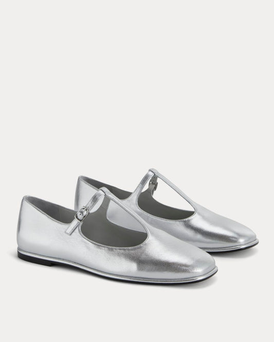 The Leather T-Strap Flat | Silver