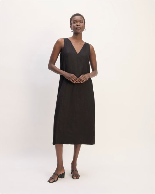The Linen V-Neck Midi Dress | Black