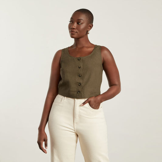 The Linen Button-Front Crop Tank | Beech