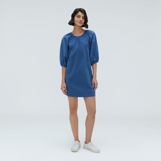 The Seersucker Puff Sleeve Dress | Deep Blue