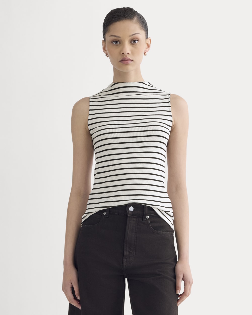 The Luxe Rib Funnel-Neck Tank | Bone / Black