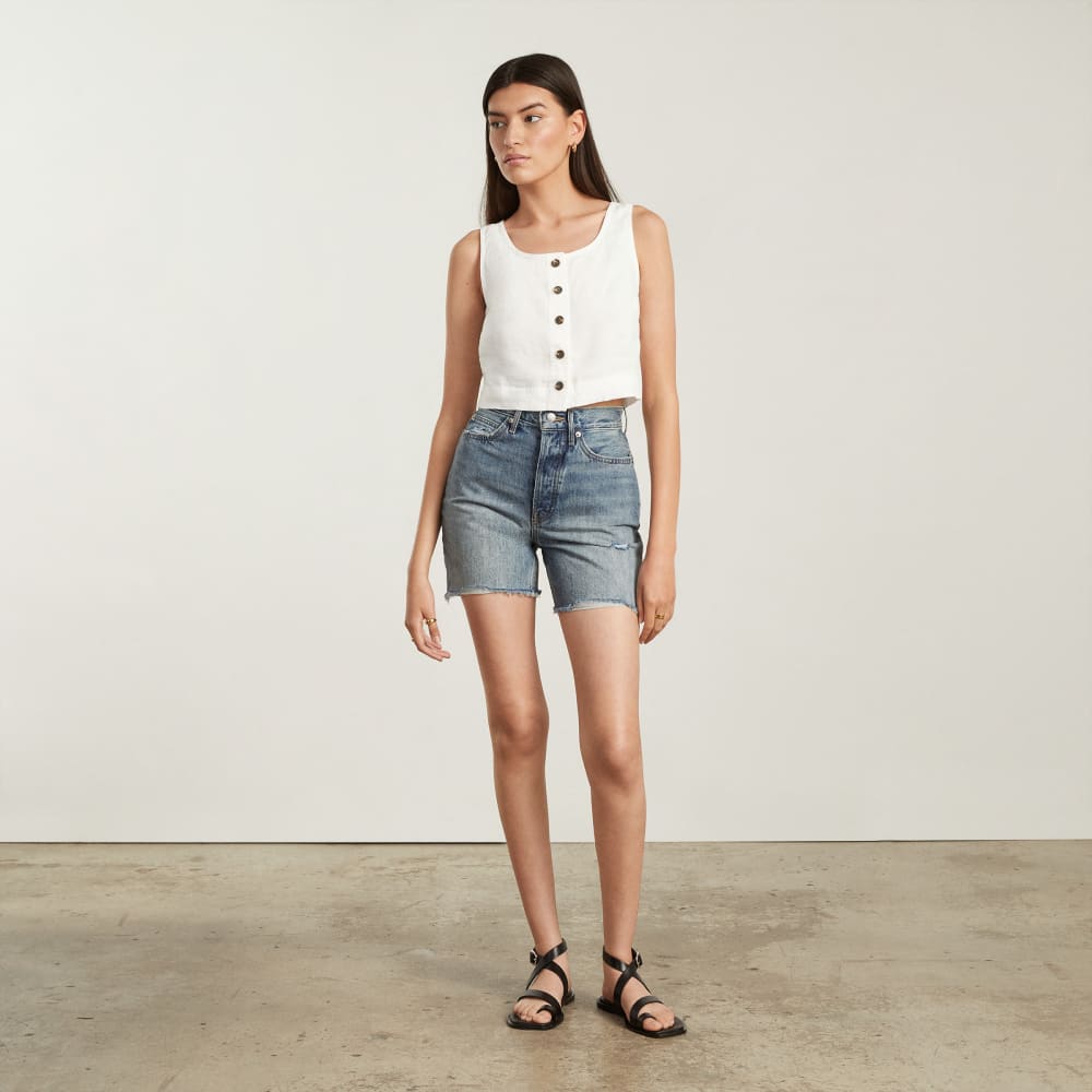 The Linen Button-Front Crop Tank | White