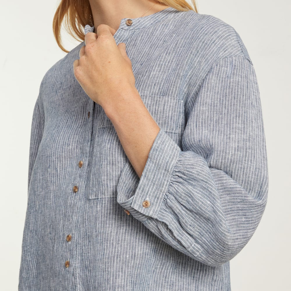 The Linen Billow Blouse | Blue Pinstripe